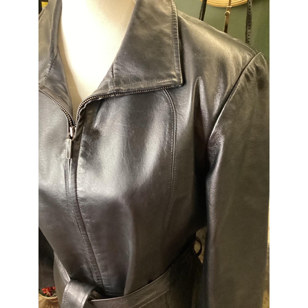 Worthington Black Genuine Leather Jacket Belted Zip Front Coat Womens Medium - Picture 3 of 6